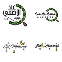 Modern Pack of 4 Vector Illustrations of Greetings Wishes For Islamic Festival Eid Al Adha Eid Al Fitr Golden Moon Lantern with Beautiful Shiny Stars