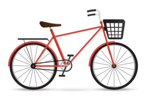 Red bicycle with black basket. Bike isolated png