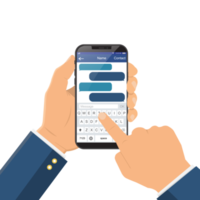 Chat message on the smartphone screen. Hand holds the smartphone, finger touches screen png