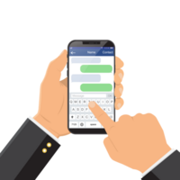 Chat message on the smartphone screen. Hand holds the smartphone, finger touches screen png