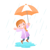Cute little girl kid play wear impermeable con paraguas corriendo bajo la lluvia png