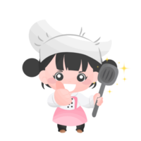 linda chica cocinando, chef femenina muestra el pulgar hacia arriba y sosteniendo el tornero, mujer cocinando disfrazada de chef