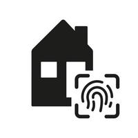 bienes raíces con tecnología de identificación biométrica por icono de silueta de huellas dactilares. hogar inteligente con pictograma de glifo de huella digital. símbolo del edificio de la casa de seguridad. ilustración vectorial aislada. vector