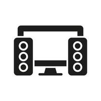 Desktop Computer and Sound Equipment Glyph Pictogram. PC with Speakers Silhouette Icon. Personal Server Hardware and Music Speaker Symbol. Isolated Vector Illustration.