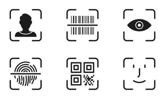 Biometric Identification by Finger Print, Eye Recognize, Touch ID Line Icon Set. Scan QR Code, Barcode Technology Pictogram. Security Protection Symbol. Isolated Vector Illustration.