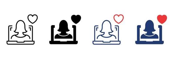 Online Help Icon Set. Computer Psychologist Support and Therapy Online with Heart Pictogram. Virtual Woman Operator Icon. Donate Concept. Editable Stroke. Isolated Vector Illustration.