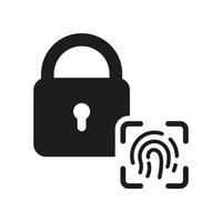 Finger Print Biometric Identification with Padlock Silhouette Icon. Lock with Fingerprint ID Glyph Pictogram. Scan Unique Thumbprint Icon. Safety Privacy. Isolated Vector Illustration.