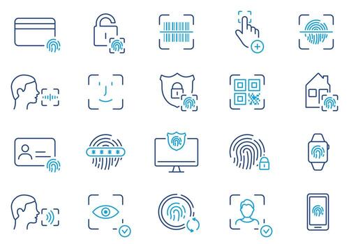 Biometric Identification Line Icon Set. Face ID, Touch ID Color Pictograms. Fingerprint, Facial Identity Password Outline Symbol. Security Verification. Editable Stroke. Isolated Vector Illustration.