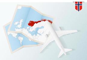 Travel to Norway, top view airplane with map and flag of Norway. vector