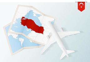 Travel to Turkey, top view airplane with map and flag of Turkey. vector