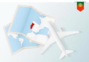 Travel to Portugal, top view airplane with map and flag of Portugal. vector