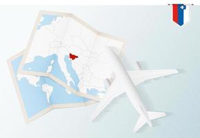 Travel to Slovenia, top view airplane with map and flag of Slovenia. vector