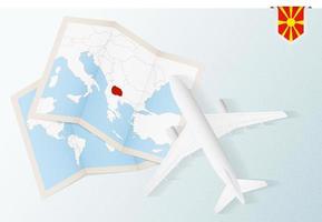 Travel to Macedonia, top view airplane with map and flag of Macedonia. vector