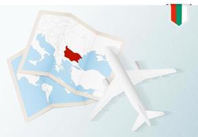 Travel to Bulgaria, top view airplane with map and flag of Bulgaria. vector