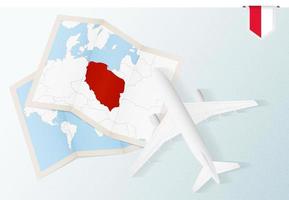 Travel to Poland, top view airplane with map and flag of Poland. vector