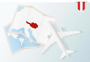 Travel to Austria, top view airplane with map and flag of Austria. vector