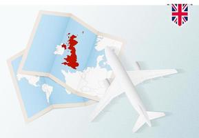 Travel to United Kingdom, top view airplane with map and flag of United Kingdom. vector