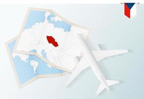 Travel to Czech Republic, top view airplane with map and flag of Czech Republic. vector