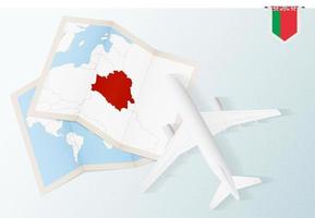 Travel to Belarus, top view airplane with map and flag of Belarus. vector