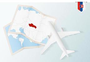 Travel to Slovakia, top view airplane with map and flag of Slovakia. vector