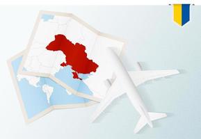 Travel to Ukraine, top view airplane with map and flag of Ukraine. vector