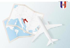 Travel to Croatia, top view airplane with map and flag of Croatia. vector