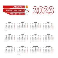 Calendar 2023 in Spanish language with public holidays the country of Mexico in year 2023. vector