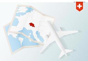 Travel to Switzerland, top view airplane with map and flag of Switzerland. vector