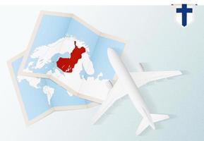 viaje a finlandia, vista superior del avión con mapa y bandera de finlandia. vector