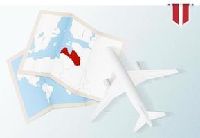 Travel to Latvia, top view airplane with map and flag of Latvia. vector