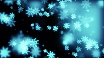 Beautiful festive bokeh effect, blue christmas new year snowflakes shining falling glowing with blur effect on black background. Abstract background. Screensaver, video in high quality 4k