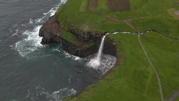 Mulafossur Waterfall on Vagar in Faroe Islands by Drone video