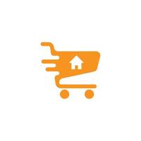 eps10 orange vector online shopping cart icon or logo isolated on white background. trolley with home symbol in a simple flat trendy modern style for your website design, logo, and mobile application