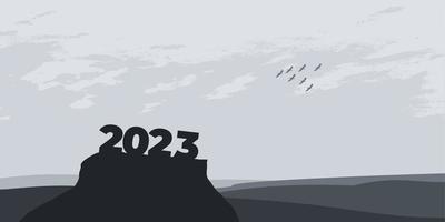 feliz año nuevo 2023 con grandes letras de silueta en la montaña con una hermosa puesta de sol para el concepto de éxito. concepto de año nuevo vector