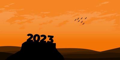 Happy New year 2023 with large silhouette letters on the mountain with a beautiful sunset for success concept. new year concept vector