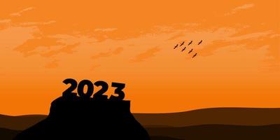 feliz año nuevo 2023 con grandes letras de silueta en la montaña con una hermosa puesta de sol para el concepto de éxito. concepto de año nuevo vector