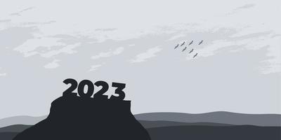 feliz año nuevo 2023 con grandes letras de silueta en la montaña con una hermosa puesta de sol para el concepto de éxito. concepto de año nuevo vector