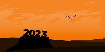 feliz año nuevo 2023 con grandes letras de silueta en la montaña con una hermosa puesta de sol para el concepto de éxito. concepto de año nuevo vector