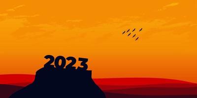 feliz año nuevo 2023 con grandes letras de silueta en la montaña con una hermosa puesta de sol para el concepto de éxito. concepto de año nuevo vector