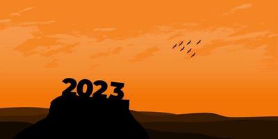 feliz año nuevo 2023 con grandes letras de silueta en la montaña con una hermosa puesta de sol para el concepto de éxito. concepto de año nuevo vector