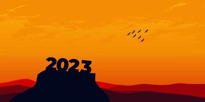 feliz año nuevo 2023 con grandes letras de silueta en la montaña con una hermosa puesta de sol para el concepto de éxito. concepto de año nuevo vector