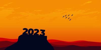 Happy New year 2023 with large silhouette letters on the mountain with a beautiful sunset for success concept. new year concept vector