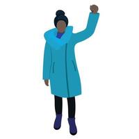 una chica negra con una chaqueta azul larga y un sombrero de invierno se para con la mano levantada, vector plano, aislada en blanco, protesta, ilustración sin rostro