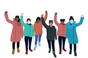 Girls with different skin colors in winter clothes stand with raised hands, flat vector, isolate on white, protest, faceless illustration, hunger riot vector