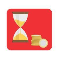 Hourglass and stack of coins, flat vector, isolate on white, time is money, illustration in red and yellow colors vector