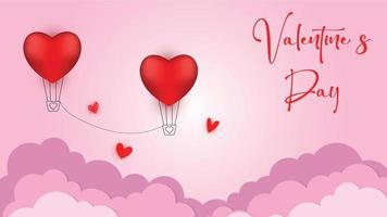 Vector love postcard for Valentine's Day with balloons connected by a rope, paper clouds and pink background