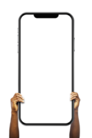 mains mâles noires tenant un gros téléphone face à la caméra isolée sur fond transparent. écran vide, maquette d'écran de téléphone, vue de face, chemin de détourage, espace de copie gratuit, masque png