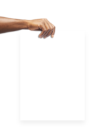 Hand, die leeres Papier lokalisiert auf transparentem Hintergrund hält. Design-Mockup, Vorderansicht, Beschneidungspfad, freier Kopierbereich, Maske png