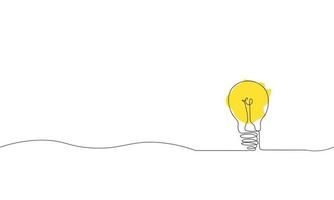 continuous single line drawing of light bulb with tangled cord, line art vector illustration with orange colour