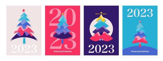 Geometric new year and christmas card with colorful christmas tree collection vector